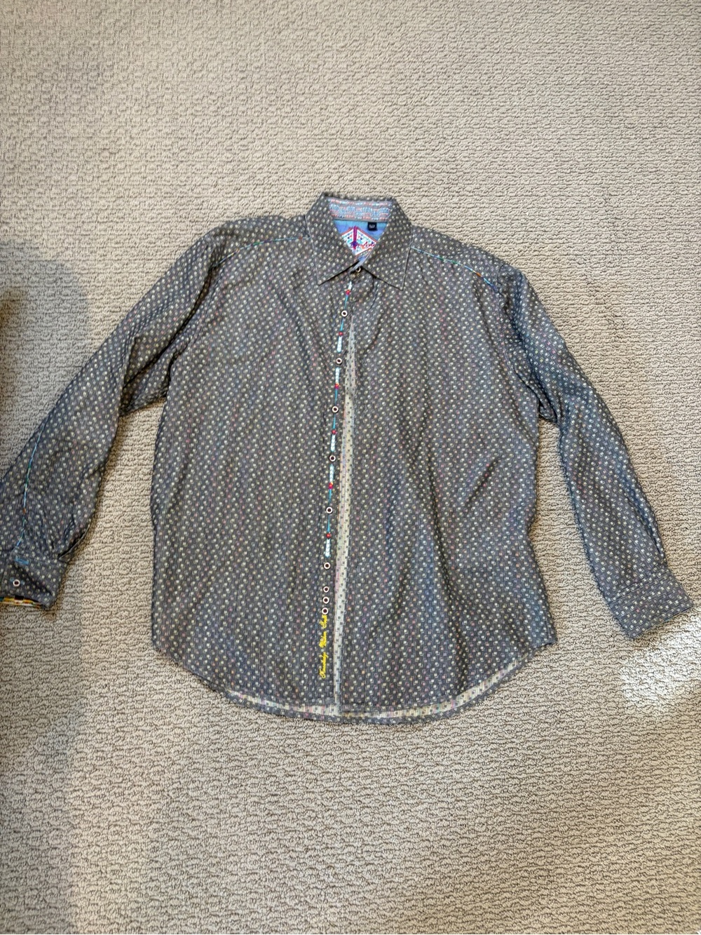 Robert Graham Gray Button-Down Shirt with Multicolor Dot Accent